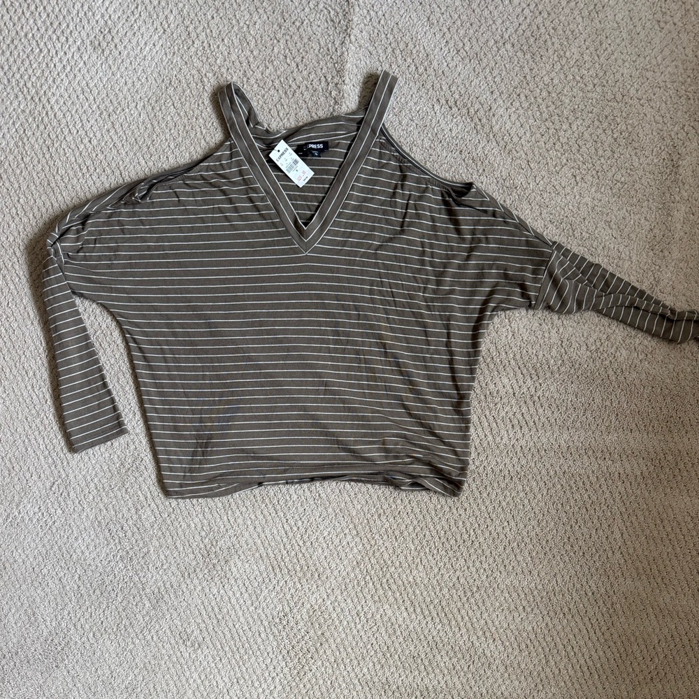 Striped off shoulder V-Neck Long Sleeve Top